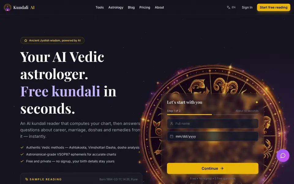 Kundali AI homepage